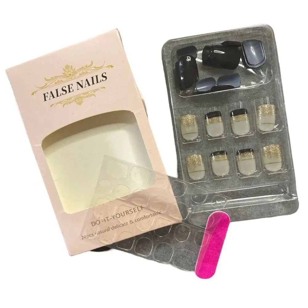 Shimmer Press On Nails Short Square Gel Black White Gold 24pc - Picture 4 of 7